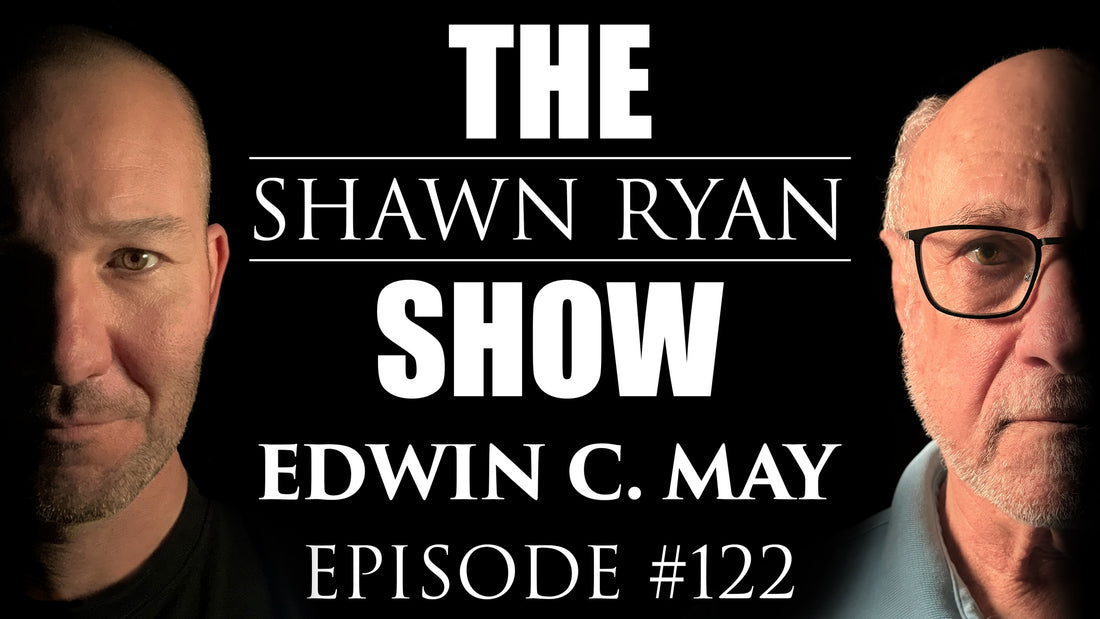 Shawn Ryan on the left, guest, Edwin C. May on the right, Shawn Ryan Show logo and episode #122 centered