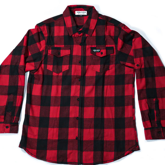 vigilance elite red and black flannel laid out flat on white background