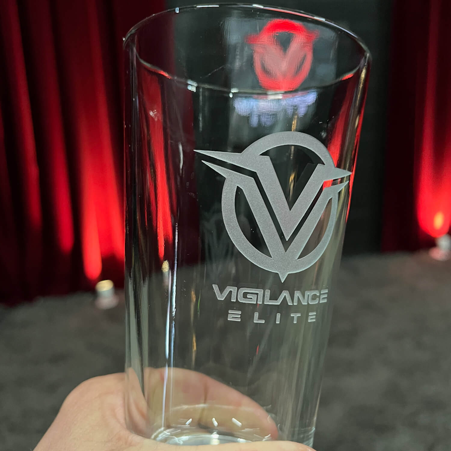 Shawn holding the new deep etched Vigilance Elite Pint Glass